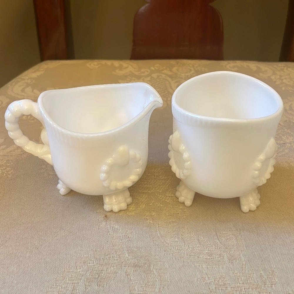 Vintage Imperial Glass footed rope embossed creamer and sugar milk glass set EUC